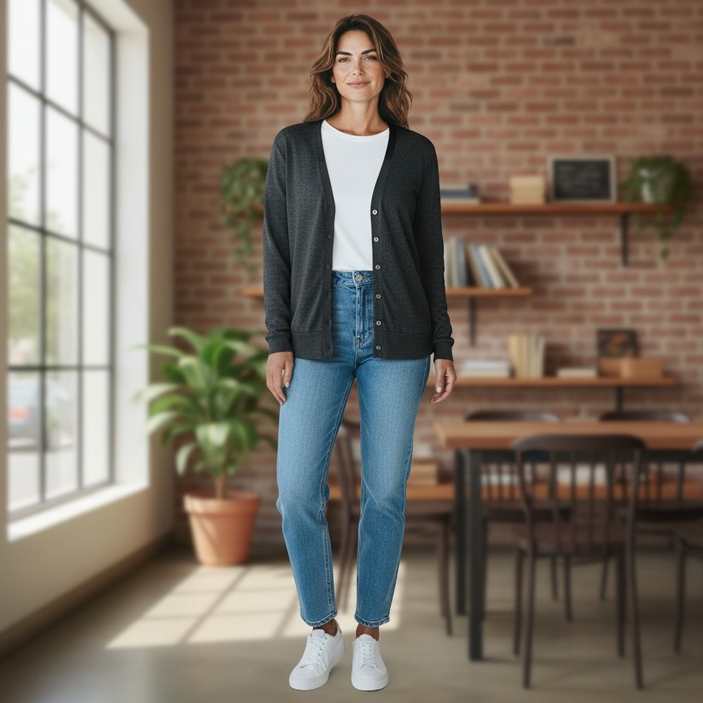 Vertical Design - Women's Large Gray/Black 100% Merino Wool  Button Cardigan